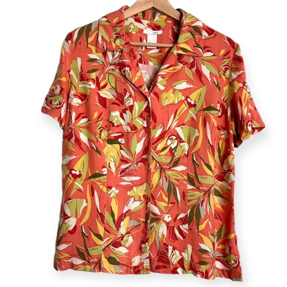 LizGolf 100% Silk Peach Hawaiian Print Structured Button Down Blouse Women's L - Picture 1 of 10